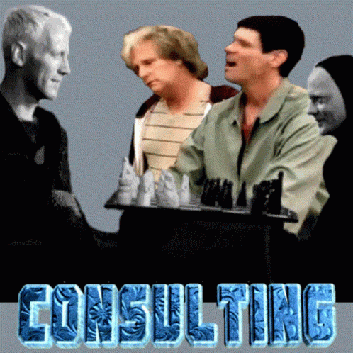 three men sitting next to each other near the words consulting
