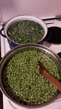 some peas on top of a stove in bowls