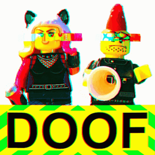 two lego people wearing costumes stand behind a dof