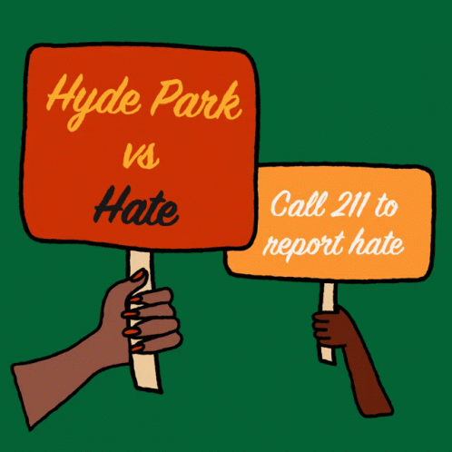 two signs with hands holding one that says hyde park vs hate