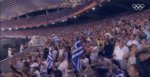 people are seated in the stands with flags