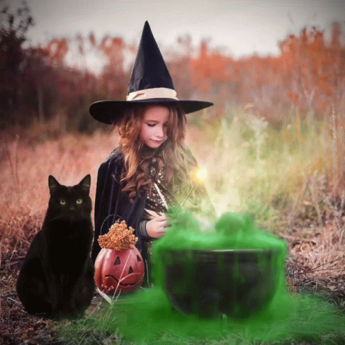 a witch sitting on the grass with her black cat looking at the bowl of witches