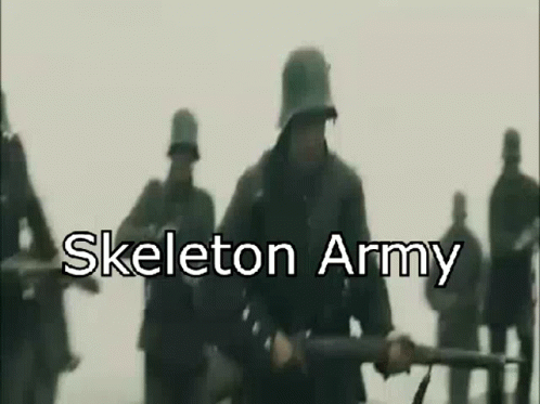 an animated image of soldiers walking towards the sky