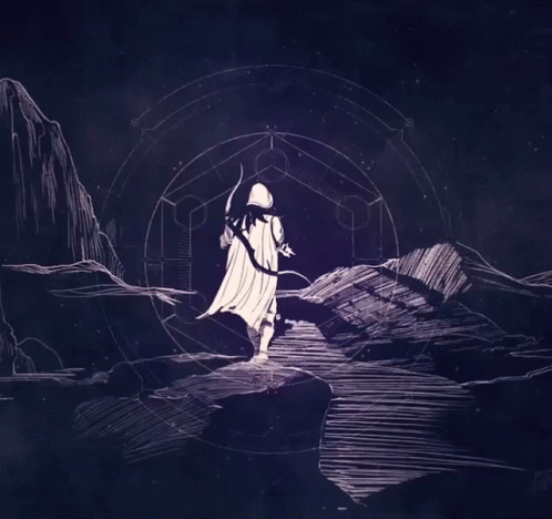 a digital illustration shows an individual standing in a cave with a staff