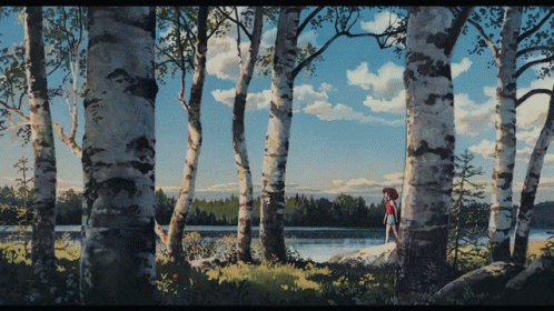 there is a painting of a couple walking through the trees