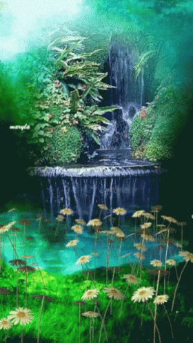an artistic painting of a fountain in a garden