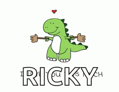 a large green dinosaur with arms and legs in a heart and the word ricky
