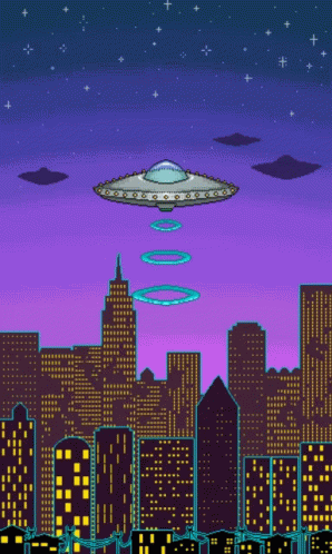 the city skyline has an alien ship floating through the sky