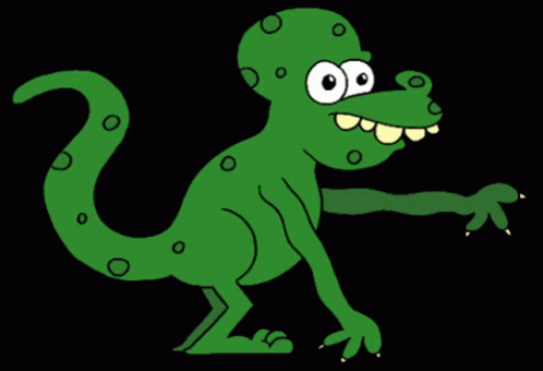 the green alligator cartoon with one eye open and hands in the air