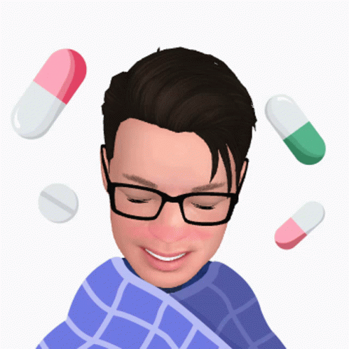 man with several pills above his head in this graphic