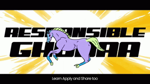 an animated logo with a pink horse running
