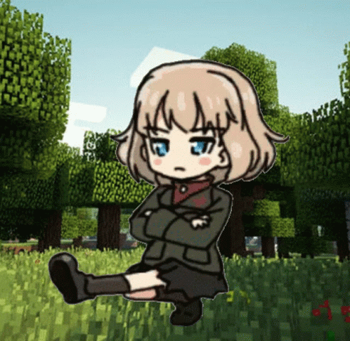 an animation girl standing on a lush green field