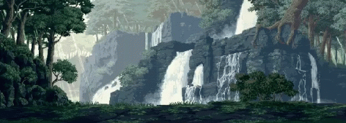 an abstract scene of a forest, with waterfalls and trees