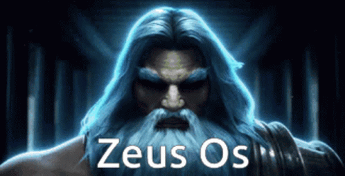 the words zeus os are in front of a picture of a man