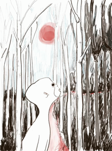 an illustration of a white bear in a forest, with blue circles