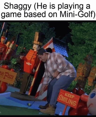 the image shows an animated man bending over a miniature - golf game