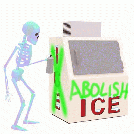 skeleton playing with an ice machine with the words abolish