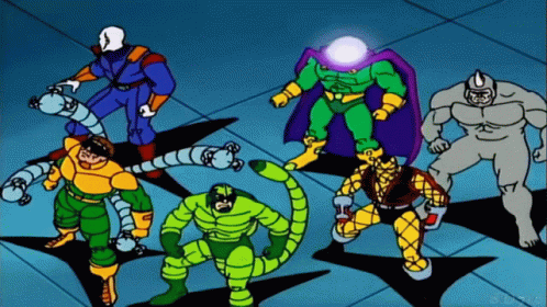 a group of cartoon superhero characters all dressed in various costumes