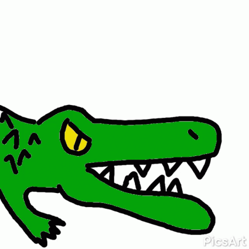 a green crocodile with teeth and a red tag