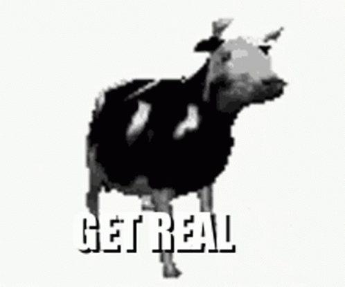 a black and white po of a cow with the word get real