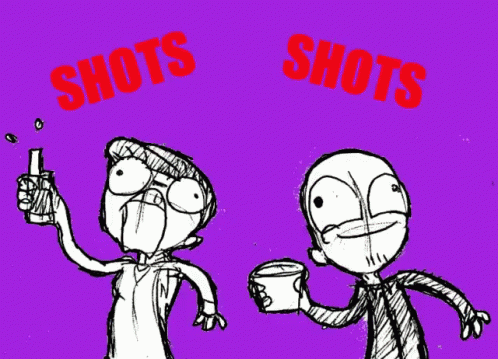 two cartoon people are holding mugs of coffee and aiming the guns