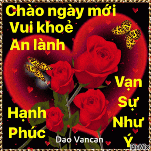 some blue roses in the corner with the word'van hung'in front