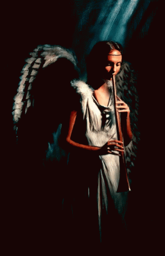 an angel with wings holding a staff standing next to another angel