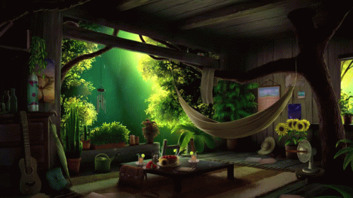 a scene of an indoor area with hammock and television in the background