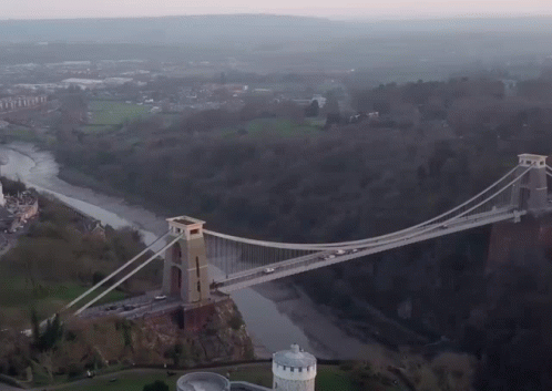 there is an aerial view of the famous suspension bridge