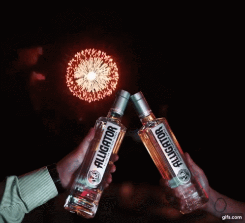 two people hold up vodka bottles in front of fireworks