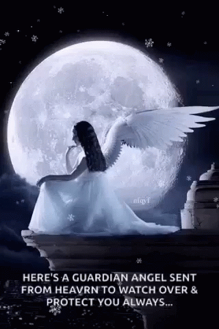 a woman sitting on a ledge with an angel in the night sky