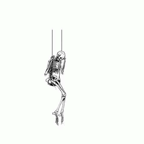 a skeleton is suspended on the ceiling by a rope
