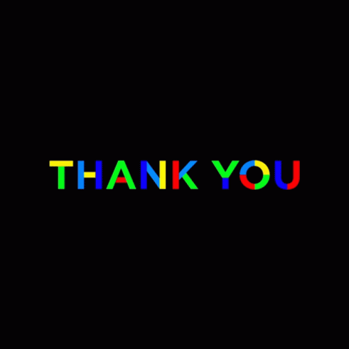 rainbow - colored hand lettering that says thank you on a black background