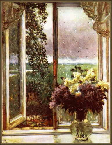 flowers on a window sill with an open window