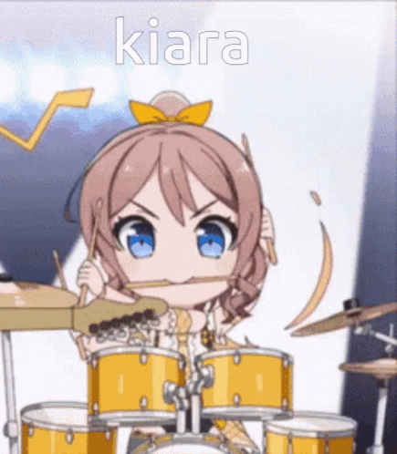 a cartoon character playing the drums with a chart above her head