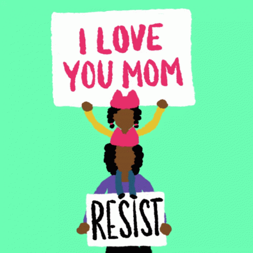 the cartoon girl holds up a placard that reads i love you mom