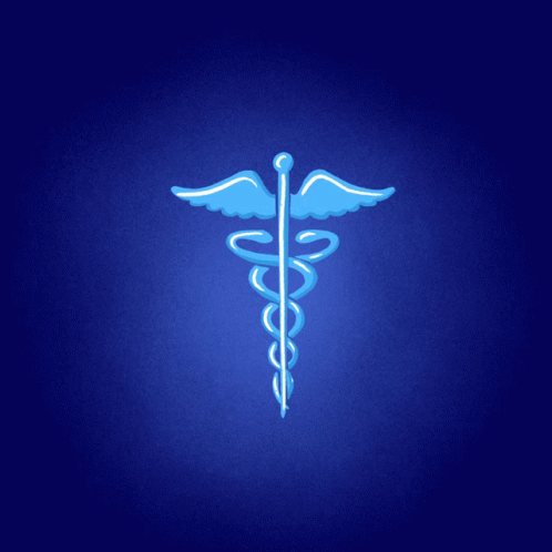 a yellow cadus staff of medical help symbol on red background