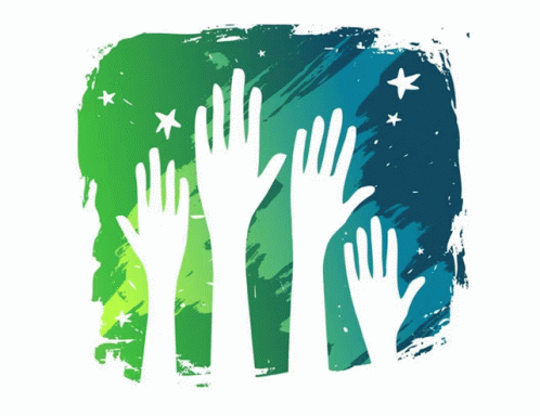 multiple hands reaching up in the air with stars on a green background