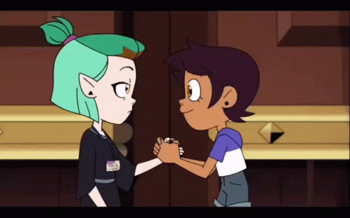 a cartoon with a young person shaking hands