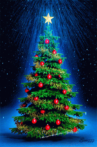 this is an image of christmas tree with blue balls and stars
