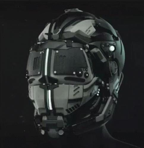 the futuristic helmet has several pieces of electrical equipment