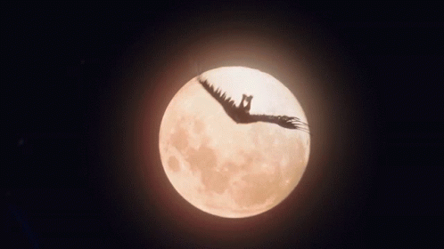 a very large bird flying across the moon