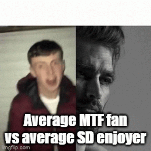 an altered picture of a man with a beard and text that says, average mtf fan vs average sd player