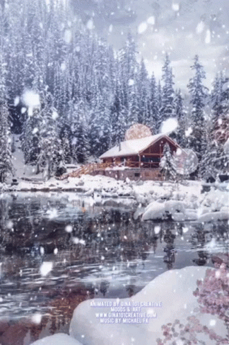 a painting of a cabin by a snowy lake