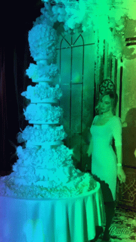 a multicolored pograph of a bride next to a tall cake