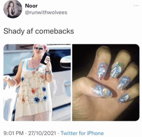 a post with blue and gold nail polish in front of a po