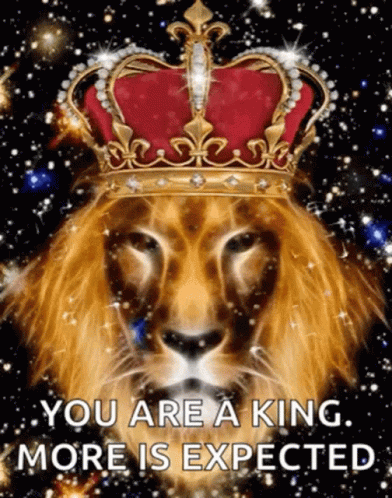 a lion in a crown is featured against a background with stars