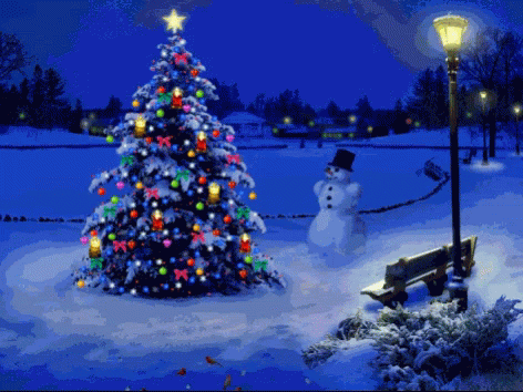 snowmen are shown around a christmas tree with a lit up lamp post
