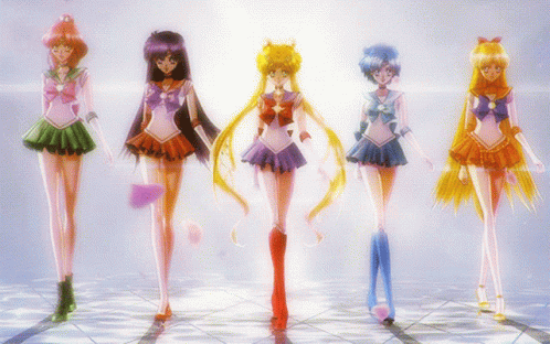 five anime women in an artistic pose