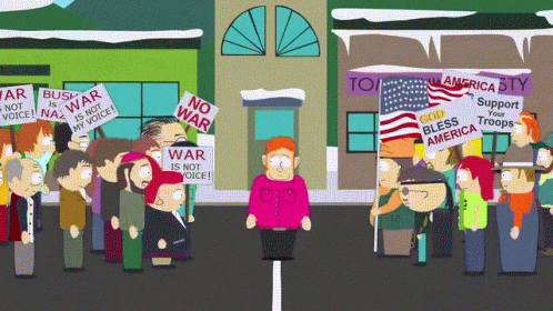 an animated image of people protesting outside a shop